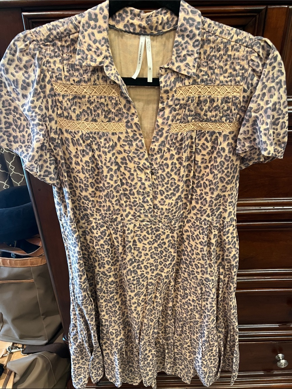 Anthropologie Leopard Print Short Sleeve Dress in Beige and Brown